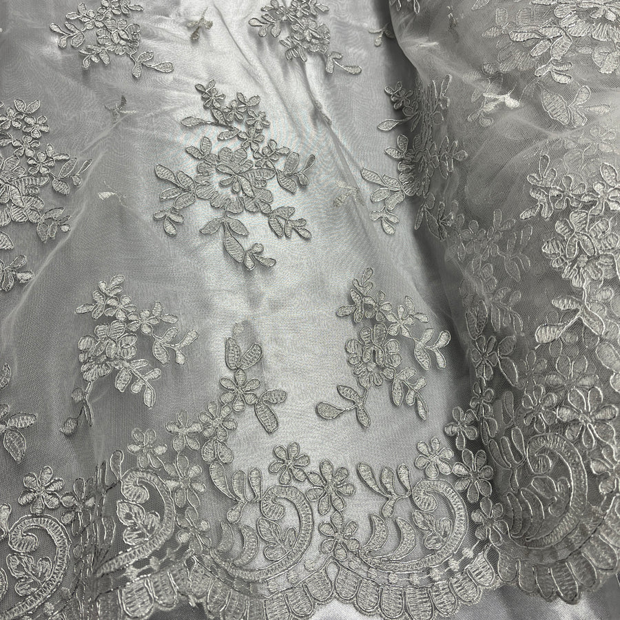 1 Yard - Corded Bridal Lace Fabric Embroidered on 100% Polyester Net Mesh - 53" Wide
