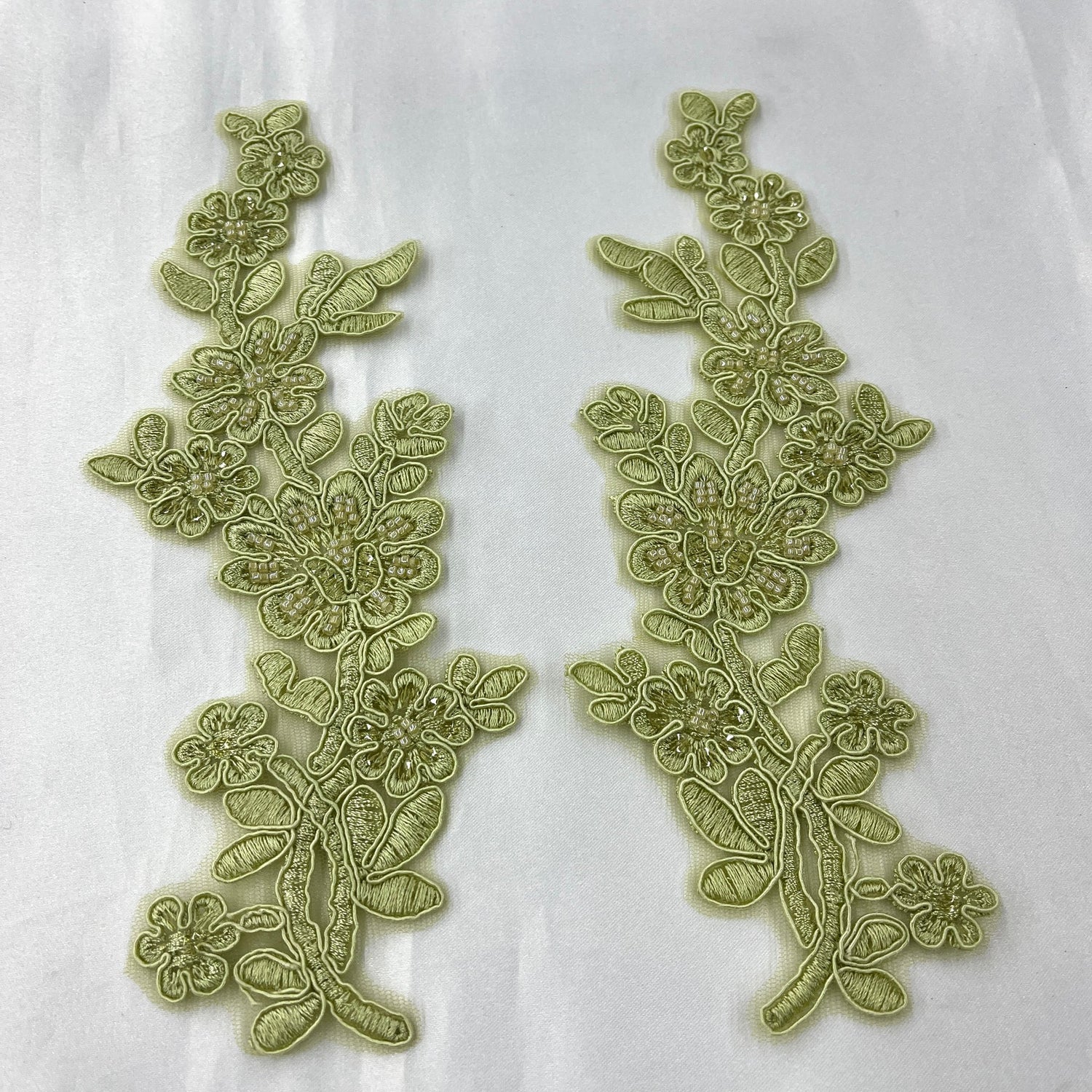 1 Pair Beaded & Corded Floral Lace Applique 10" x 2" Each Side