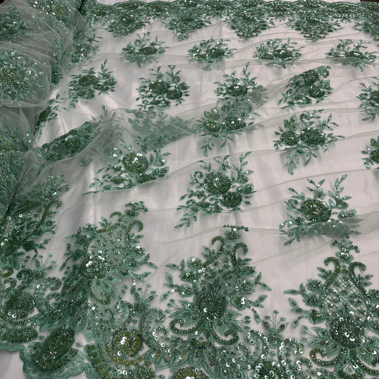 1 Yard Gold Beaded Lace Fabric Embroidered on Polyester Net Mesh 50 inch Width