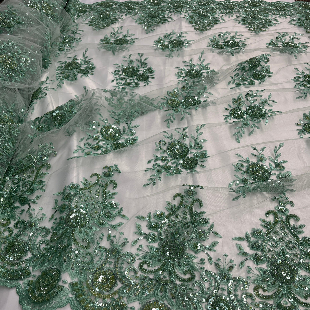 Beaded Lace Fabric on Polyester Net Mesh