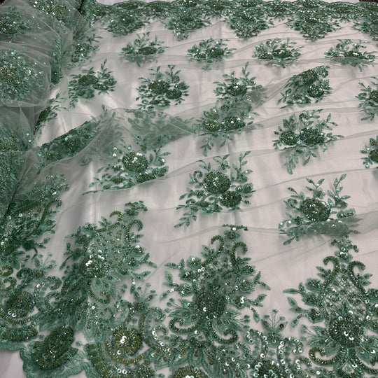 1 Yard Beaded Lace Fabric Embroidered 100 Percent Polyester Net Mesh 50 inch Width