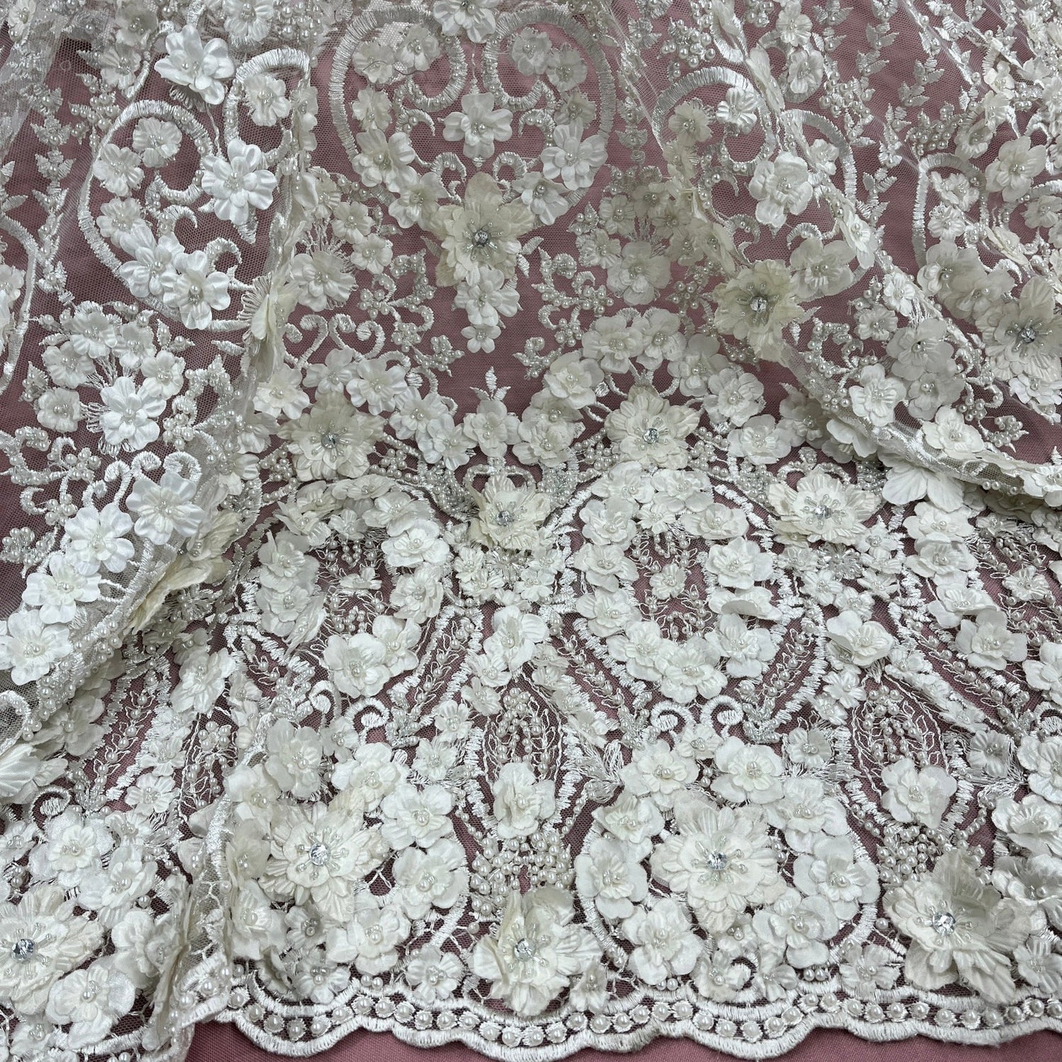 1 Yard Beaded 3D Floral Lace Fabric Embroidered 100 Percent Polyester Net Mesh 48 inch Width