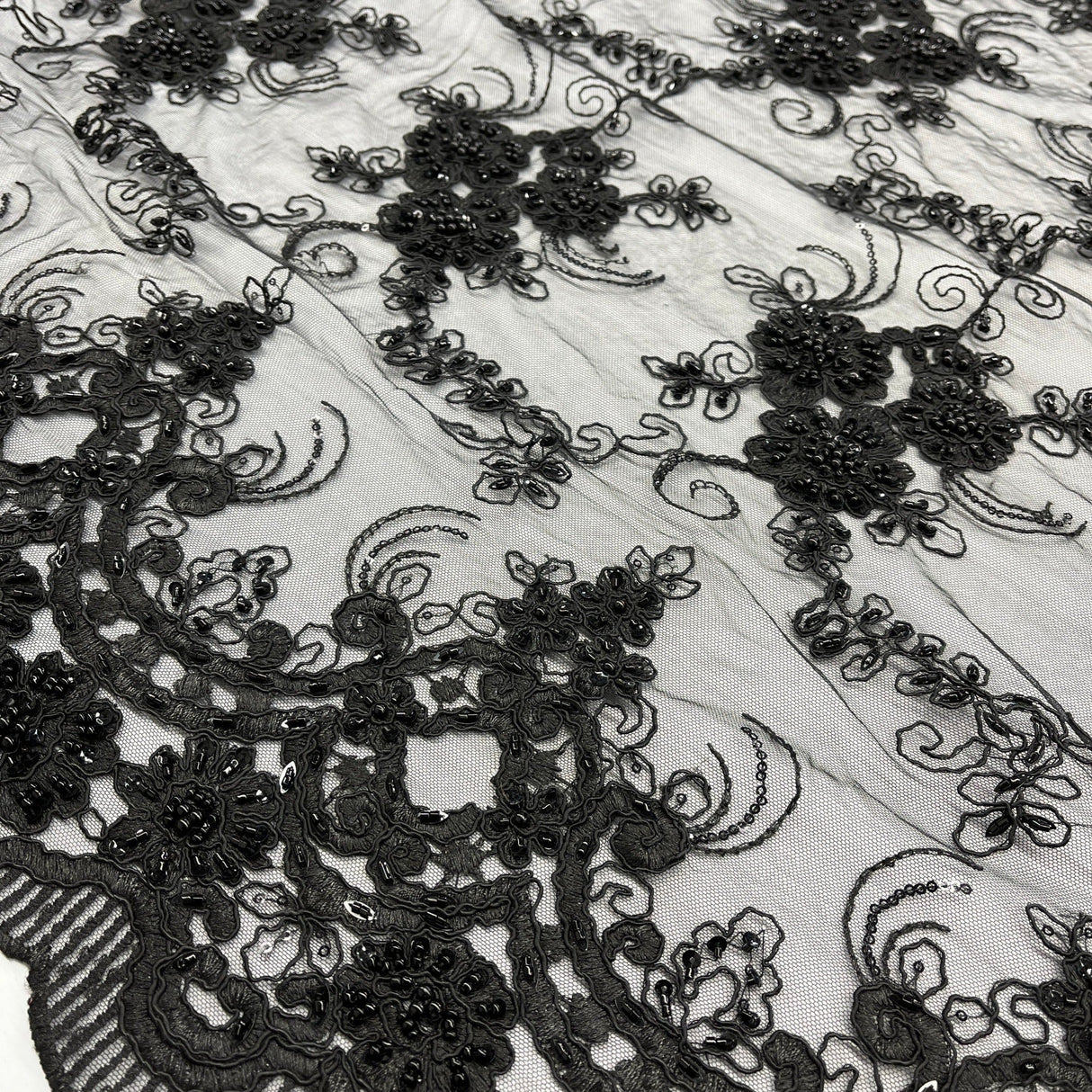 Beaded Corded Bridal Lace Black
