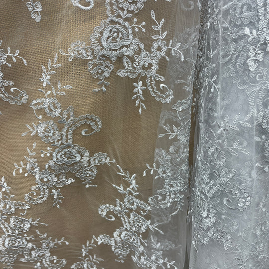 1 Yard Corded Bridal Lace Fabric Embroidered on Polyester Net Mesh 52 inch Width