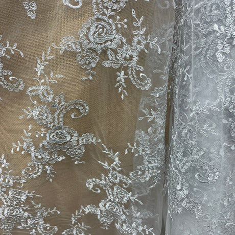 1 Yard Corded Bridal Lace Fabric Embroidered on Polyester Net Mesh 52 inch Width