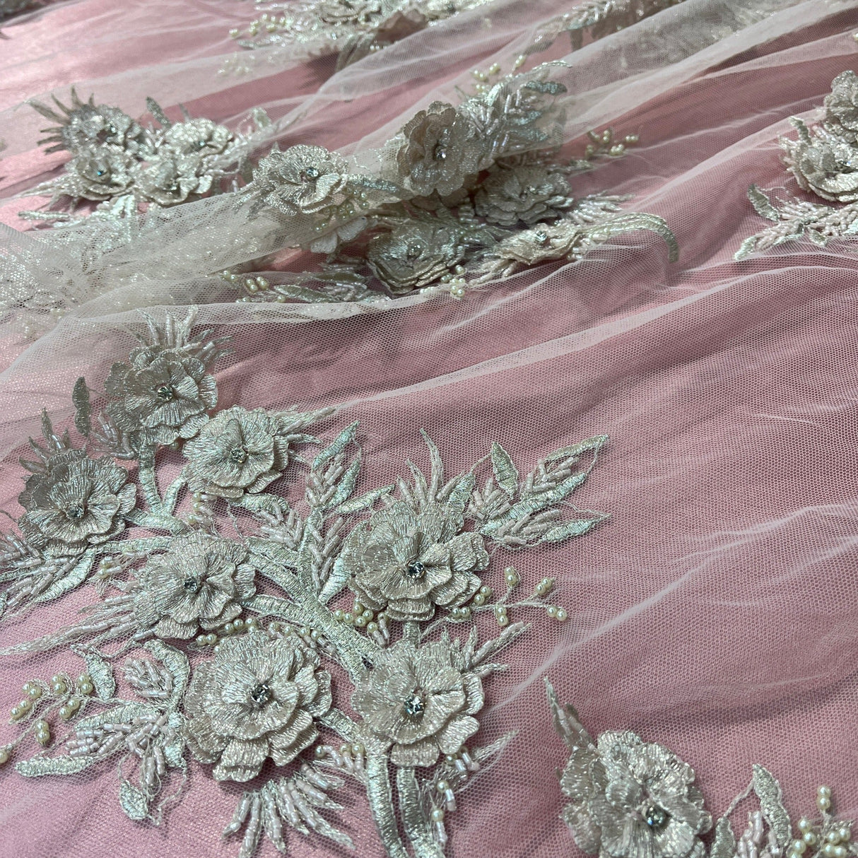 Beaded 3D Floral Lace Fabric Lt. Blush with Silver 54"