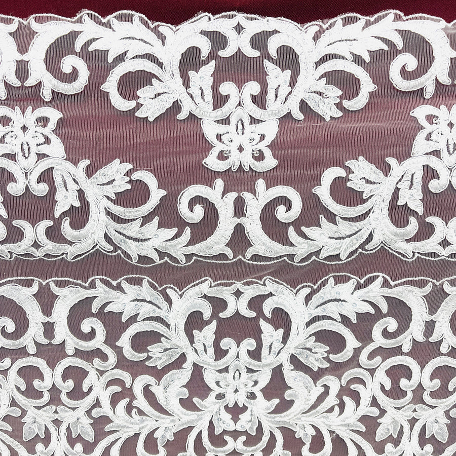 1 Yard Ivory Beaded and Corded Lace Fabric Embroidered on Polyester Net Mesh 51 Inch Width