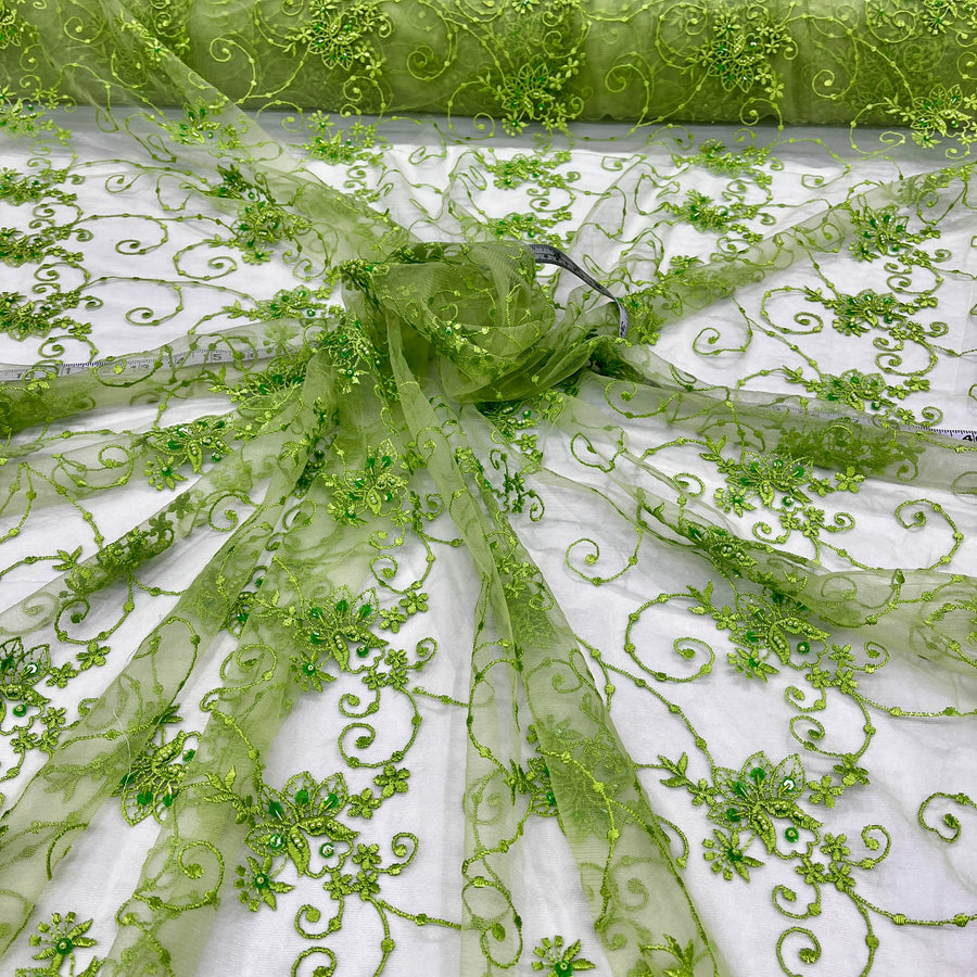 1 Yard - Beaded Lace Fabric Embroidered on 100% Polyester Net Mesh - Ivory - 52"
