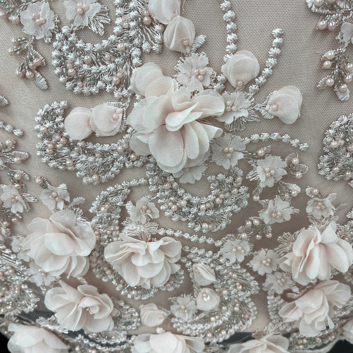 Beaded 3D Floral Lace Fabric Peach 48" Wide