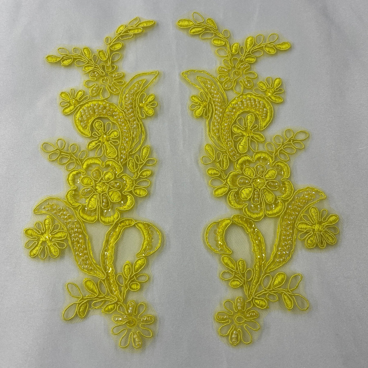 1 Pair Beaded & Corded Floral Lace Applique 9" x 2.5" Each Side
