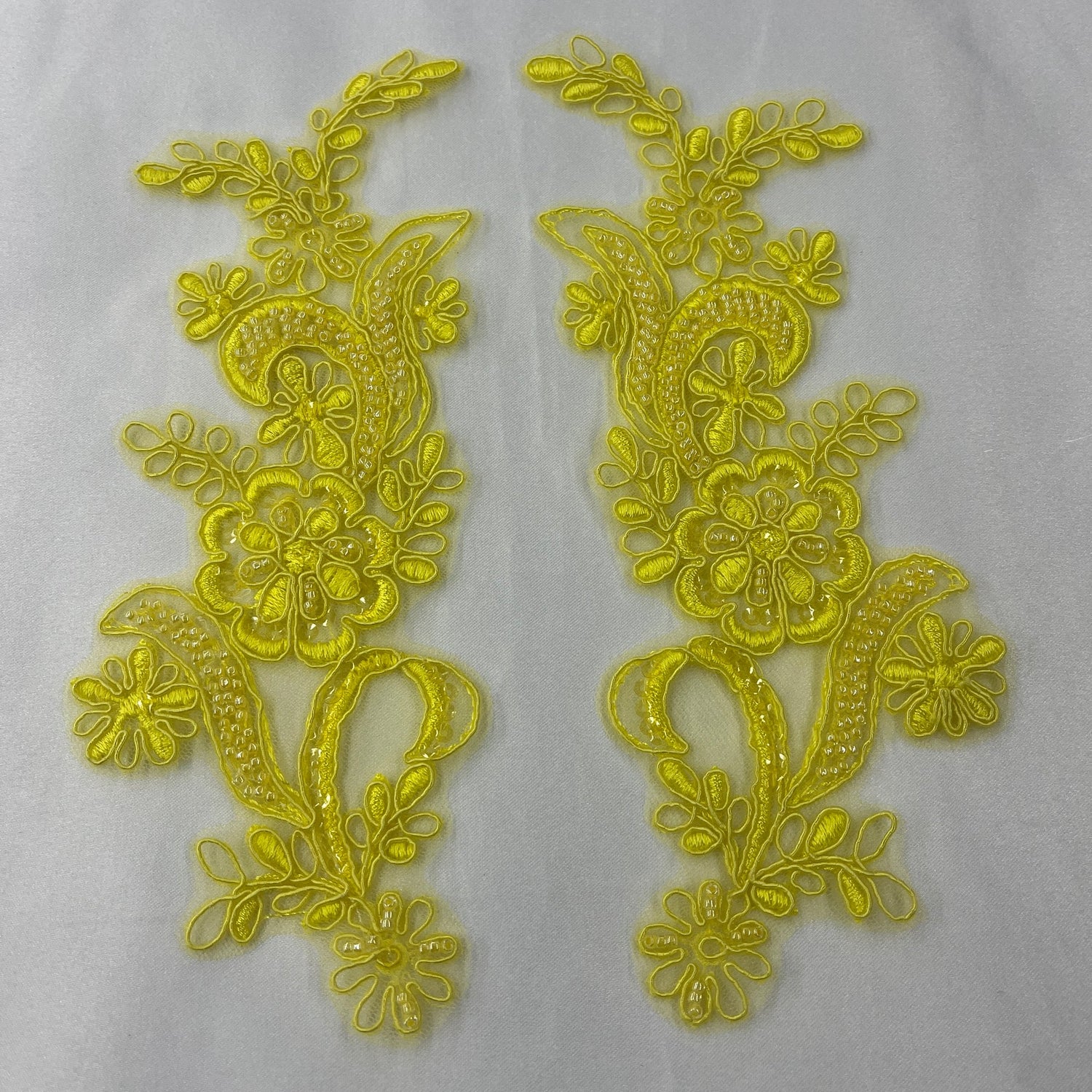 1 Pair Beaded & Corded Floral Lace Applique 9" x 2.5" Each Side