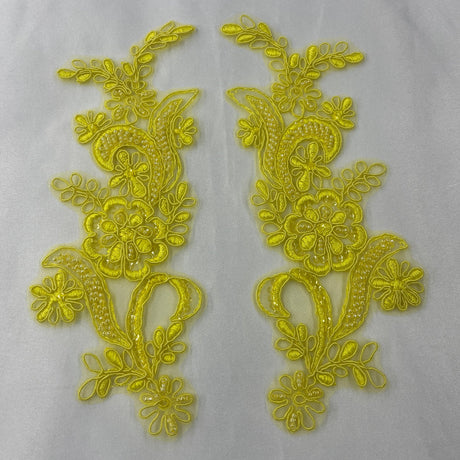 1 Pair Beaded & Corded Floral Lace Applique 9" x 2.5" Each Side