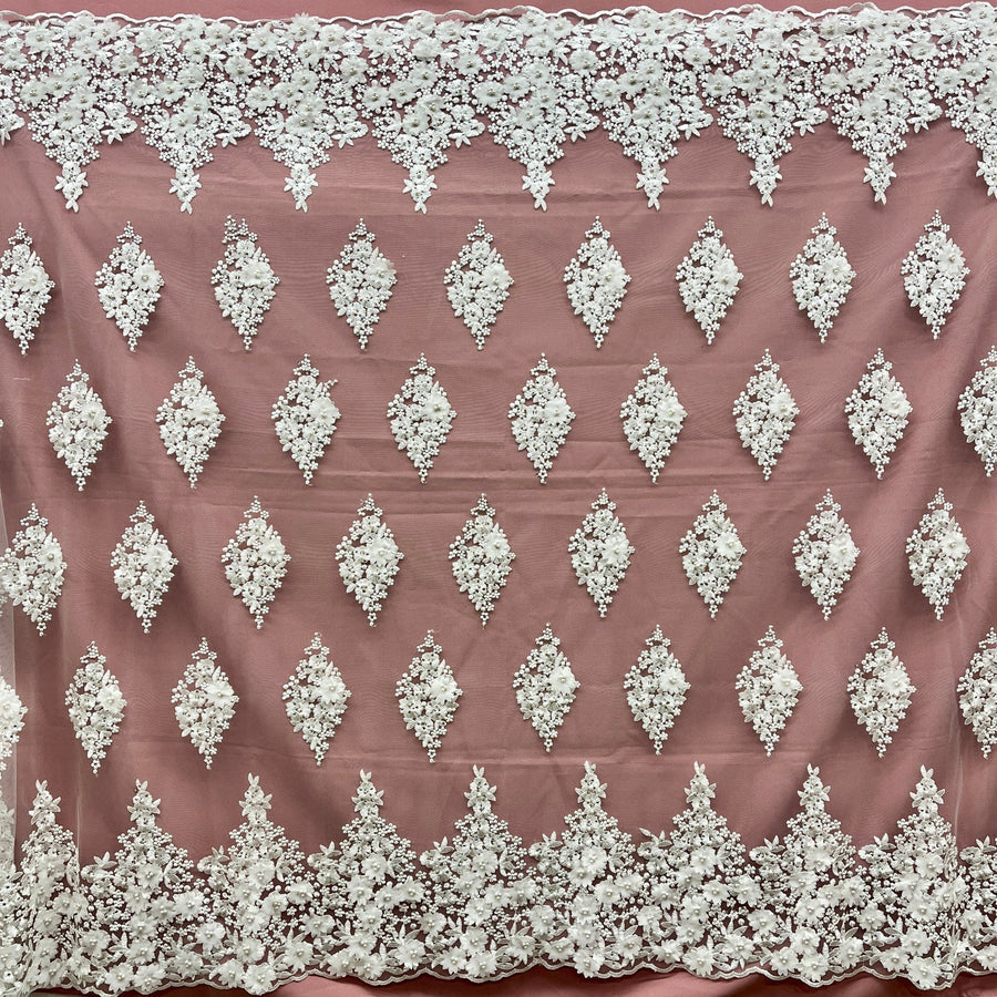 1 Yard - Beaded 3D Floral Lace Fabric Embroidered on 100% Polyester Net Mesh - 52" Wide