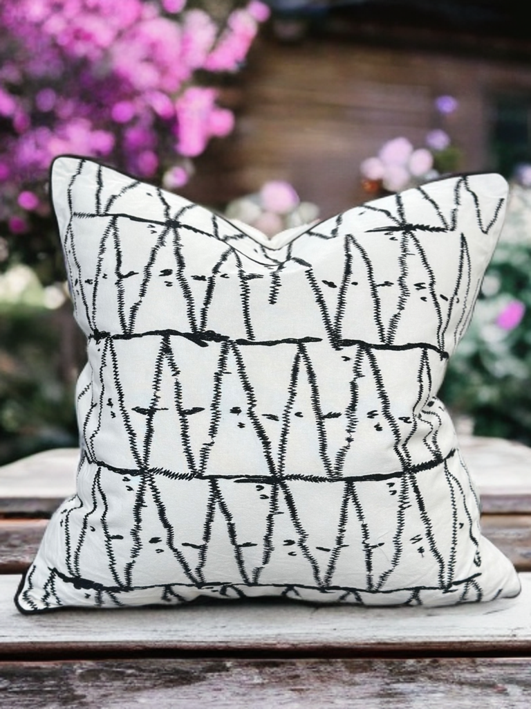 Viva015 White Velvet Pillow - Black Embroidered Abstract, Thick Border, 20" X 20" (1 Piece)