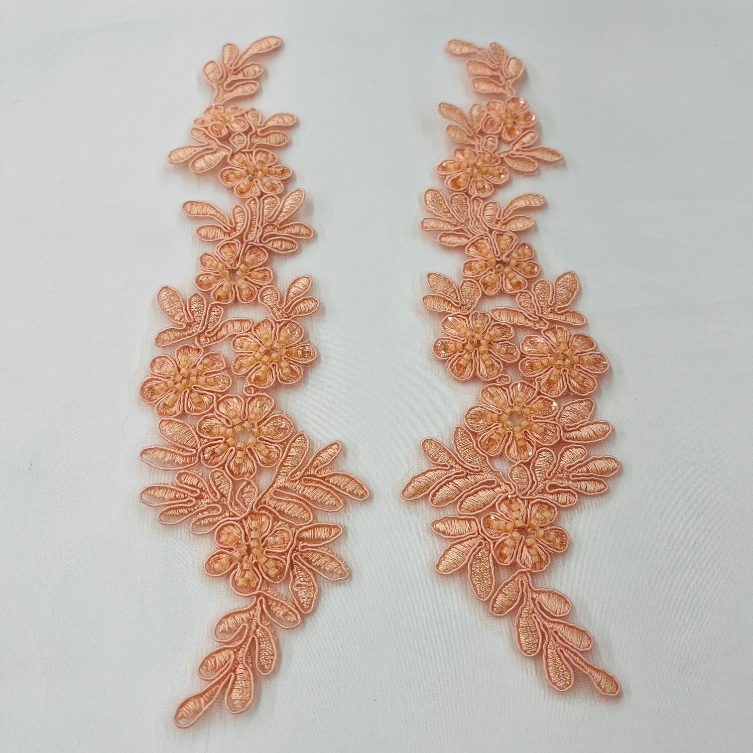 1 Pair 9.5" x 2" Each Side Beaded & Corded Floral Lace Applique Embroidered on 100% Polyester Net Mesh