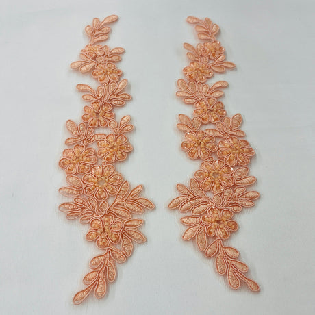 1 Pair 9.5" x 2" Each Side Beaded & Corded Floral Lace Applique Embroidered on 100% Polyester Net Mesh