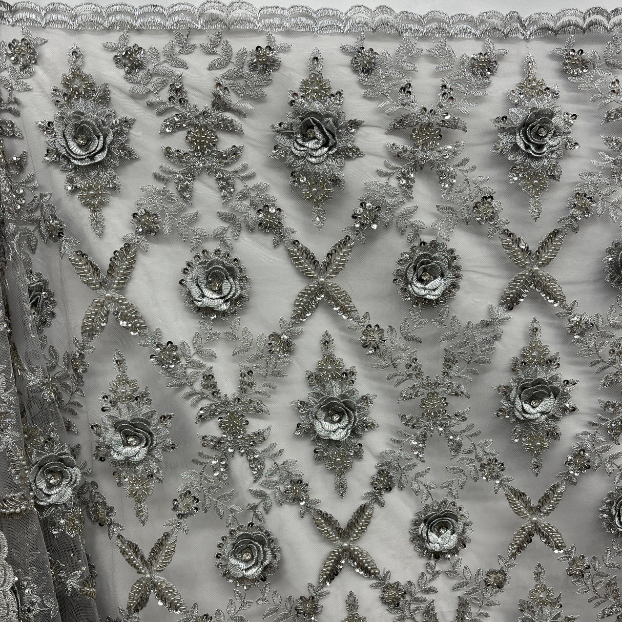 Beaded 3D Floral Lace Fabric