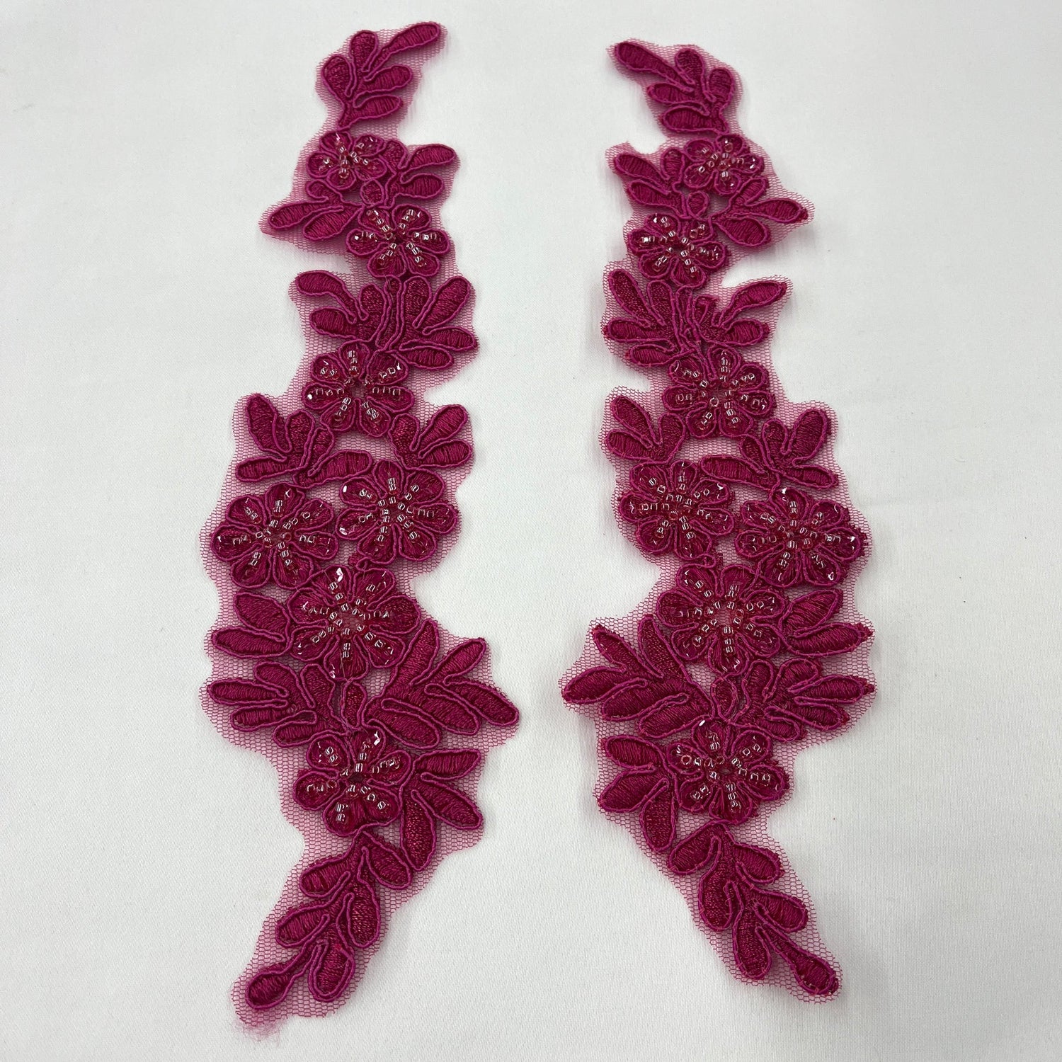 1 Pair 9.5" x 2" Each Side Beaded & Corded Floral Lace Applique Embroidered on 100% Polyester Net Mesh