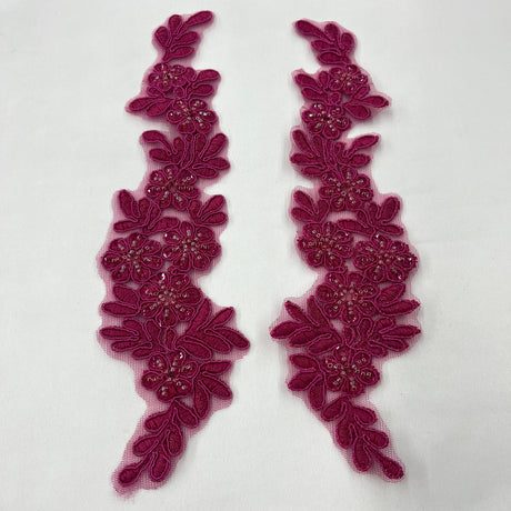 1 Pair 9.5" x 2" Each Side Beaded & Corded Floral Lace Applique Embroidered on 100% Polyester Net Mesh