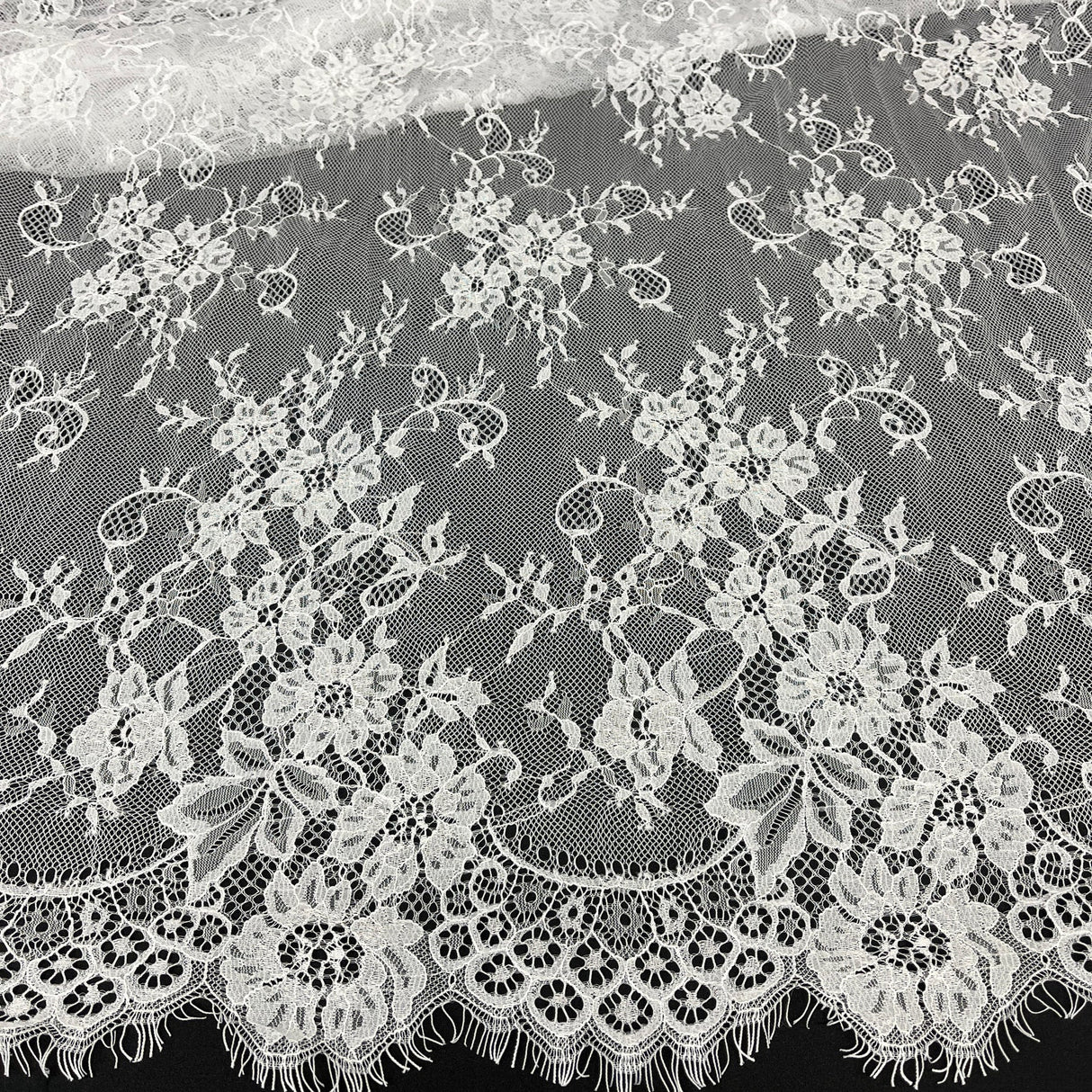 1 Yard Chantilly Embroidered Lace Fabric with Eyelash Scallop, 58" Wide French Lace for Bridal & Evening Wear