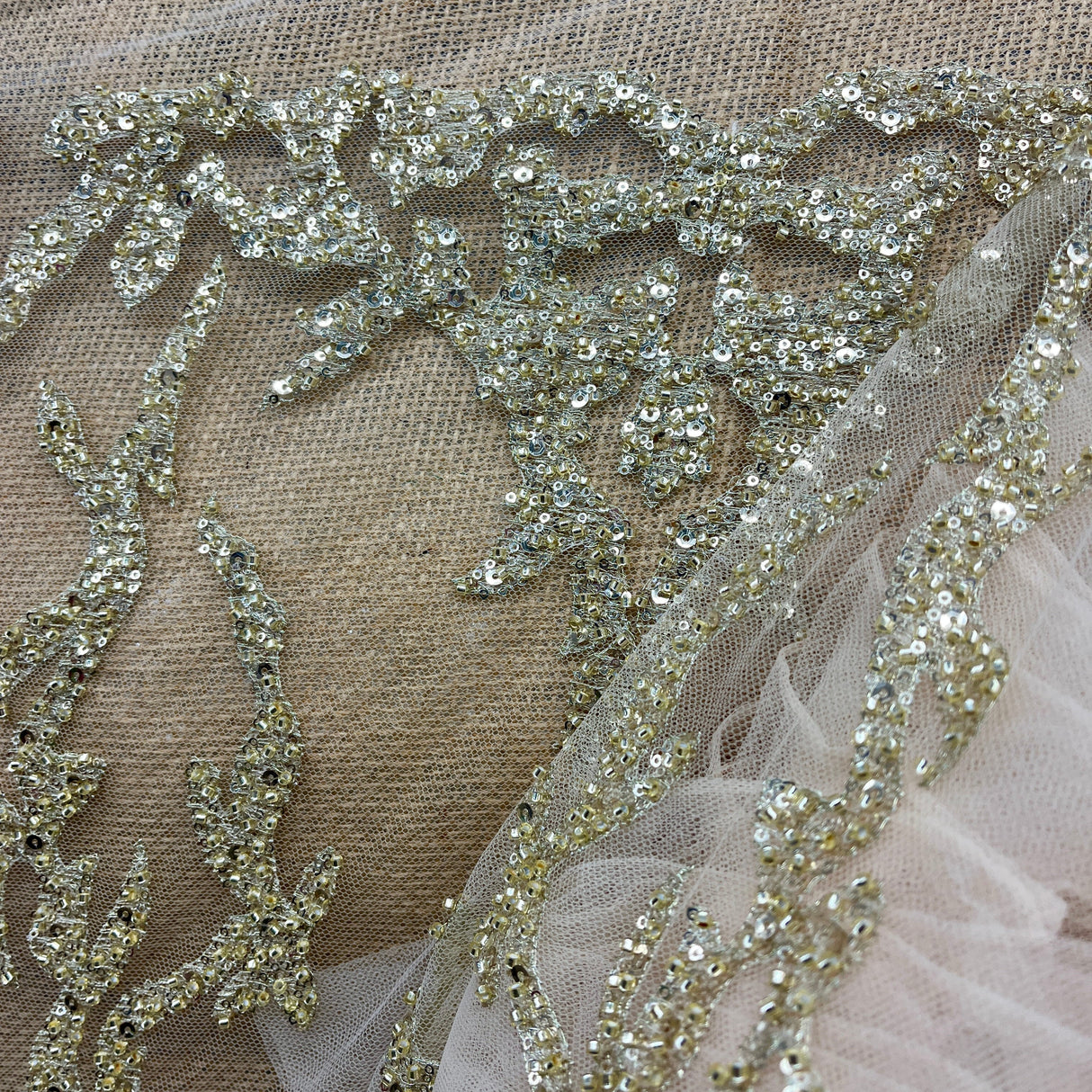 Beaded Lace Fabric on Polyester Net Mesh 52" Wide