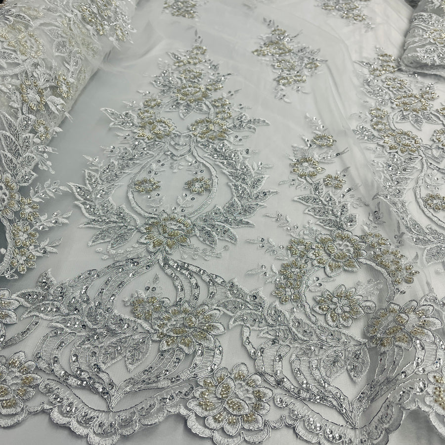 1 Yard Beaded & Corded Bridal Lace Fabric Embroidered on 100% Polyester Net Mesh