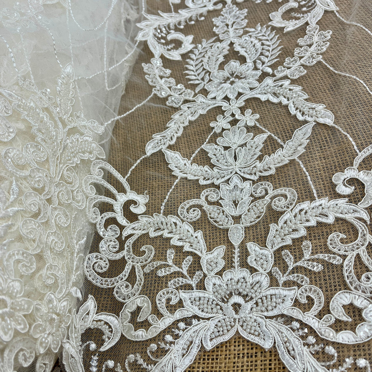 1 Yard Beaded & Corded Bridal Lace Fabric Embroidered on Polyester Net Mesh 52" Wide