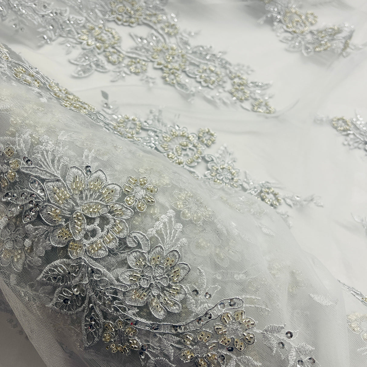 Beaded Corded Bridal Lace Fabric