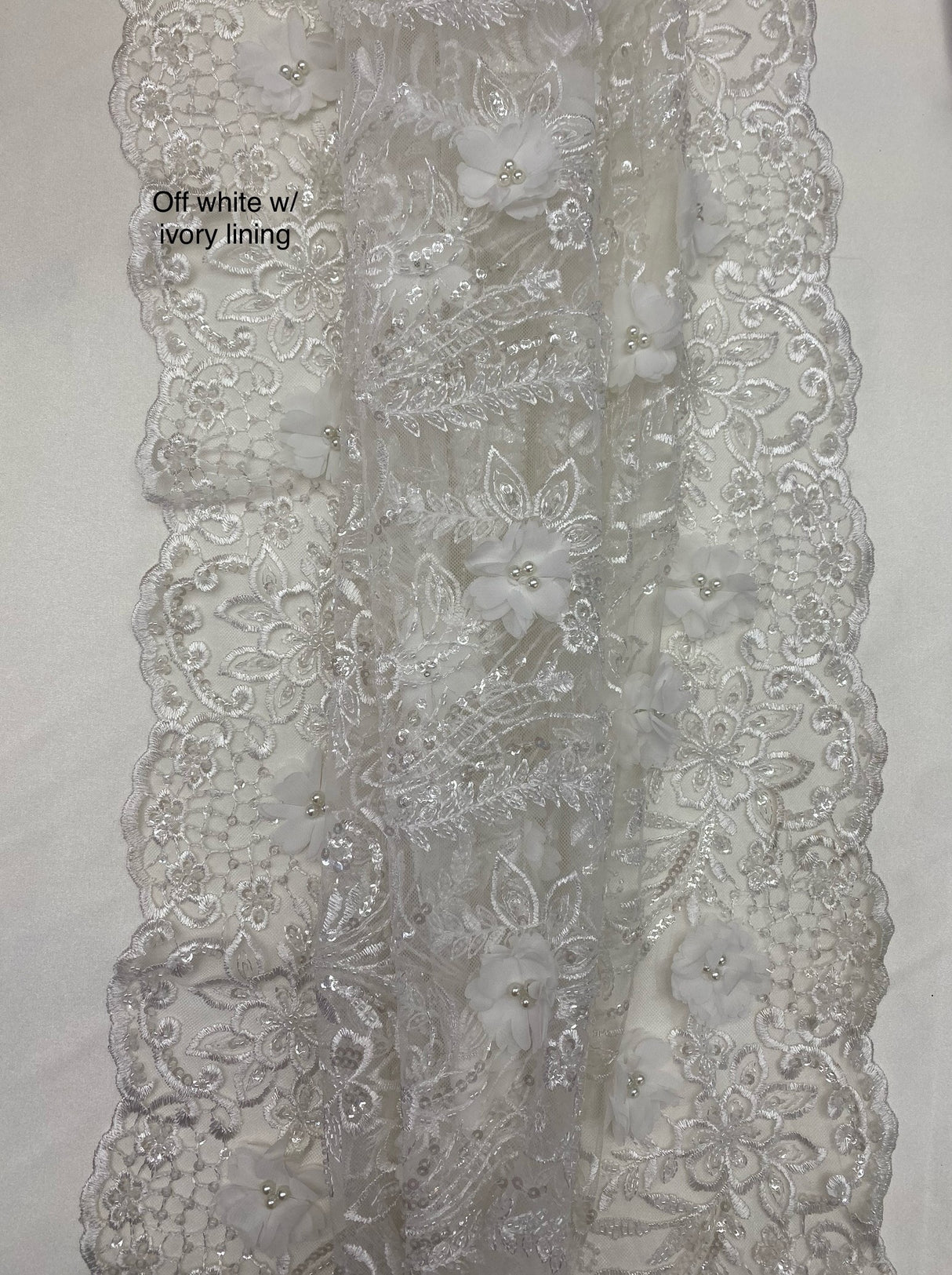 3D Chiffon Flower Pearls And Beaded Lace Polyester Fabric - Black, White, Off White, 3D Floral Beaded Lace, 54" Width (1 Yard)