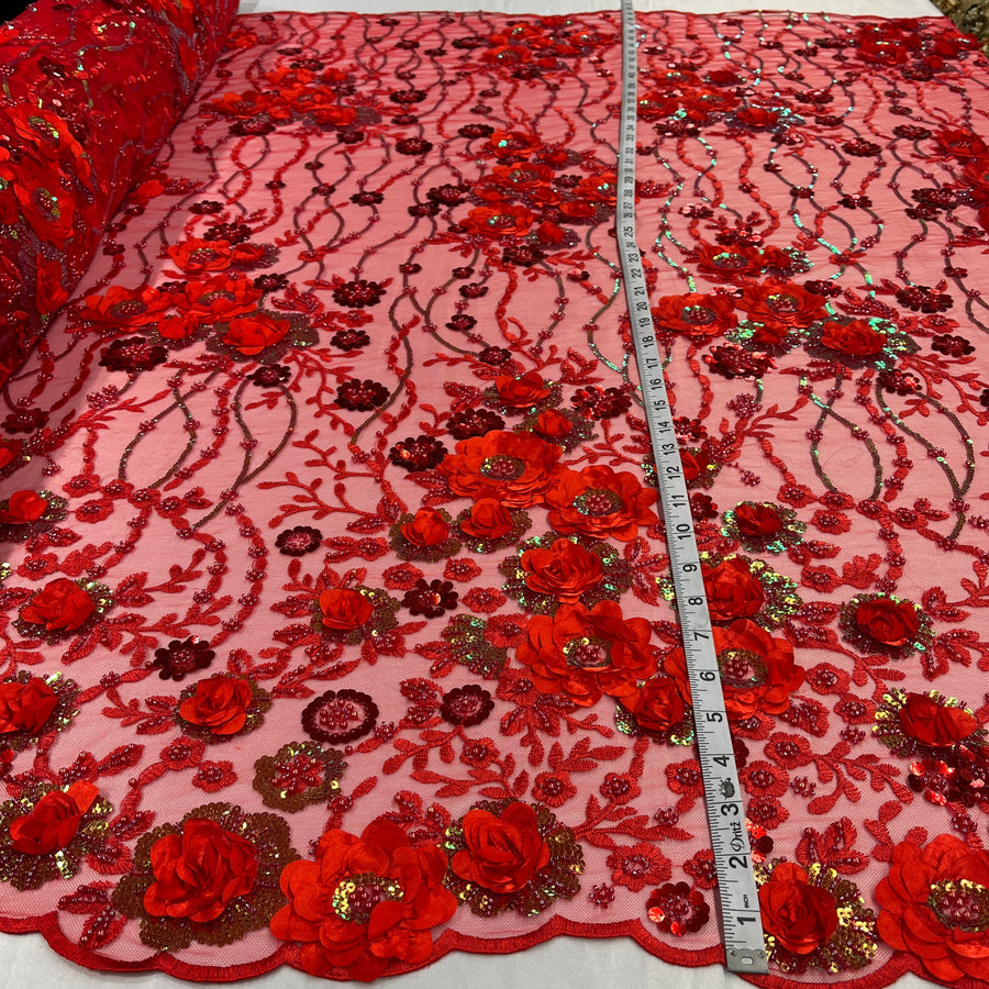 1 Yard Sparkling Beaded and Sequined 3D Floral Lace Fabric Embroidered on 100% Polyester Net Mesh White