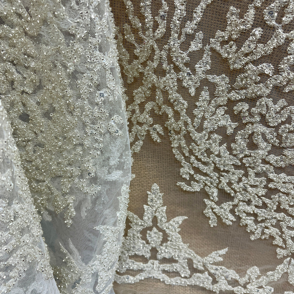 Beaded Lace Fabric on Polyester Net Mesh 52" Wide