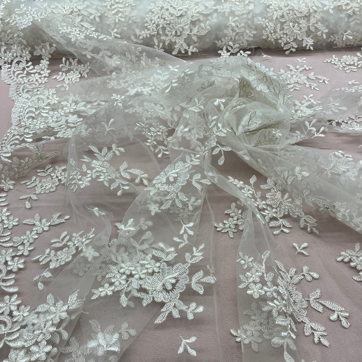 1 Yard Handcrafted Corded Embroidered Bridal Lace Fabric for Elegant Gowns White