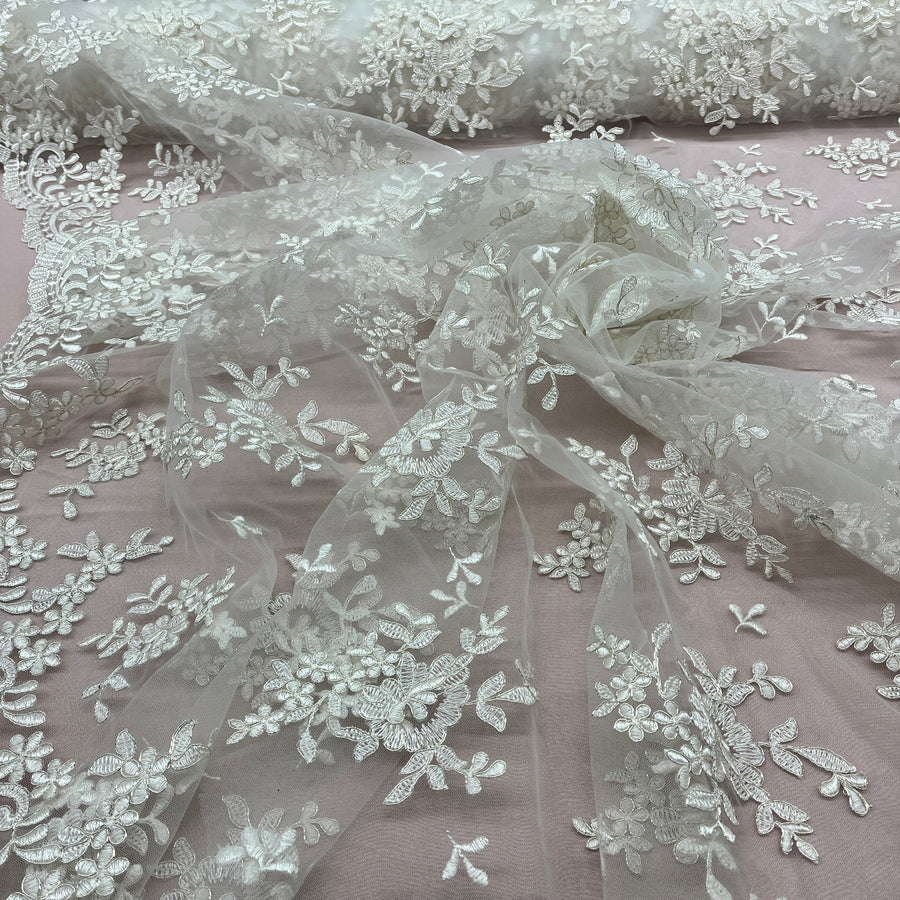 1 Yard - Corded Bridal Lace Fabric Embroidered on 100% Polyester Net Mesh - 53" Wide