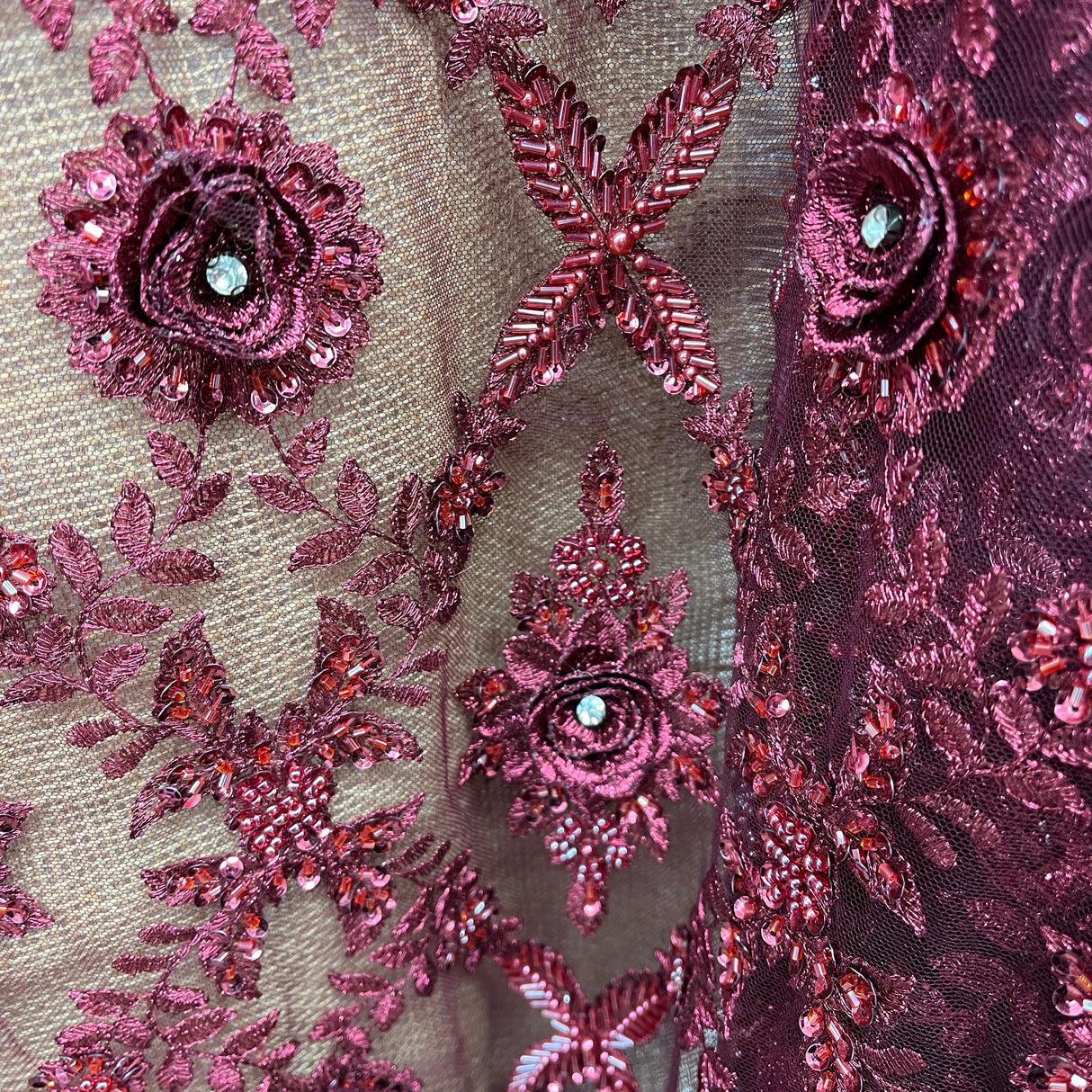 Beaded 3D Floral Lace Fabric