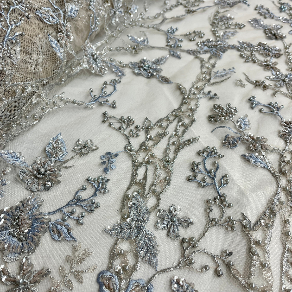 Beaded Lace Fabric Blue Skin Net