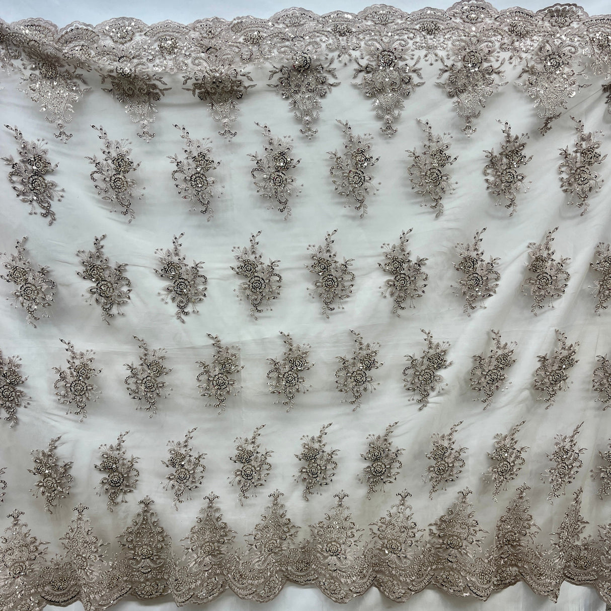 Beaded Lace Fabric on Polyester Net Mesh 50"