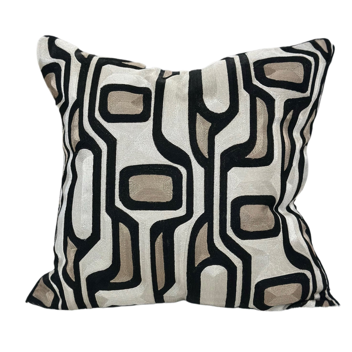 Makymo Black Velvet Pillow Fabric - Geometric Abstract Embroidery, Ivory, Bronze & Black, 20" X 20" (1 Piece)