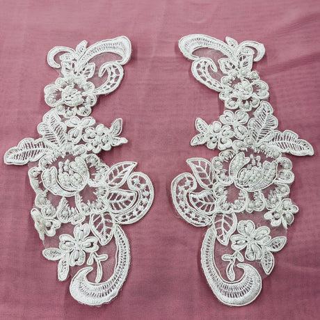 1 Pair 8.5" x 3.5" Each Side Beaded & Corded Floral Lace Applique 100% Polyester Organza