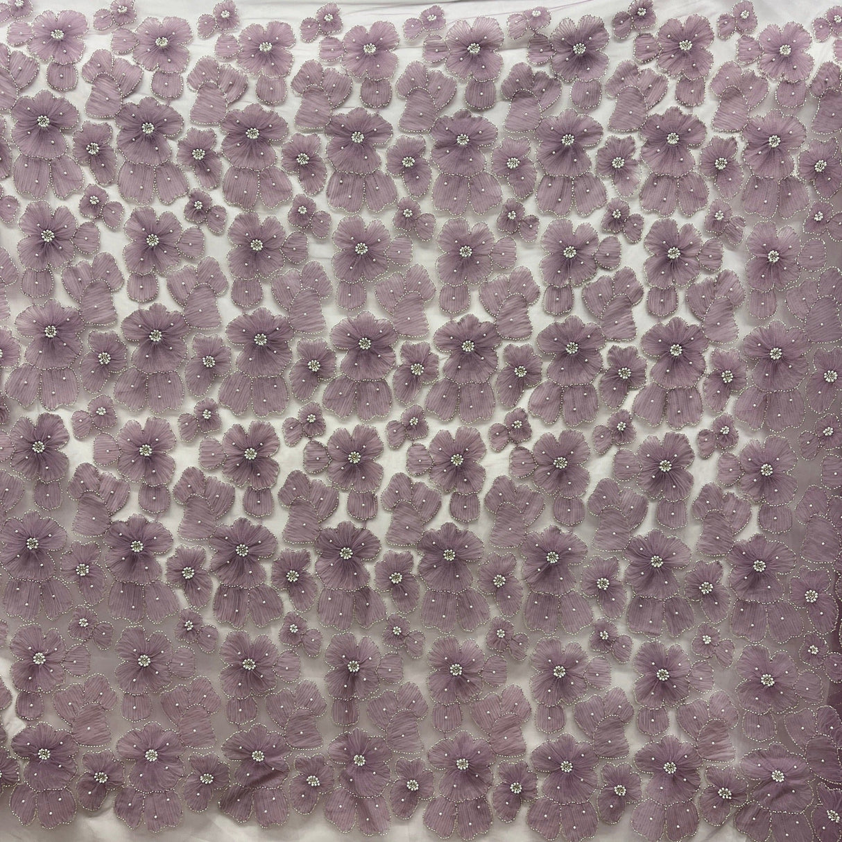 Beaded 3D Floral Lace Fabric - 3D Floral Embroidered Net Mesh, 52" Wide (1 Yard)