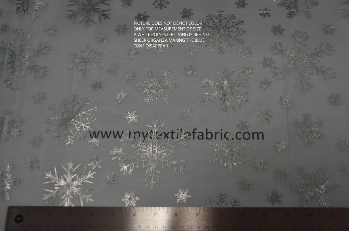 Metallic Snowflake Organza Polyester Fabric - Iridescent Aqua Blue, Metallic Christmas Snowflake, 58/60" Width (1 Yard)