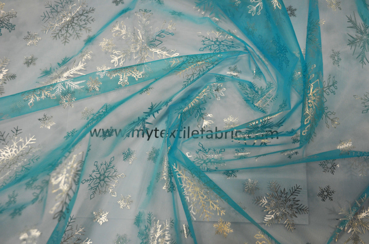 Metallic Snowflake Organza Polyester Fabric - Iridescent Aqua Blue, Metallic Christmas Snowflake, 58/60" Width (1 Yard)