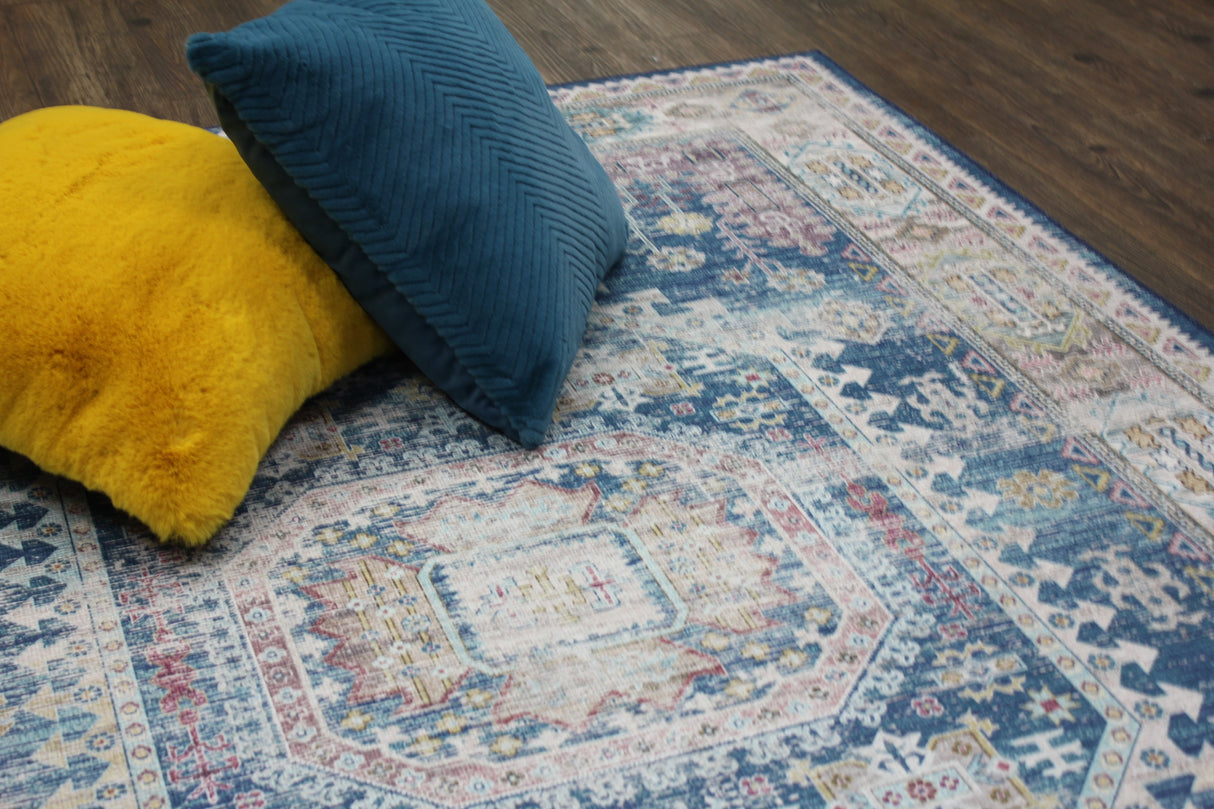 Vintage Faded Distressed Print Style Area Rug - Dark Blue, Beige, Distressed Print, 5' X 7' (1 Unit)