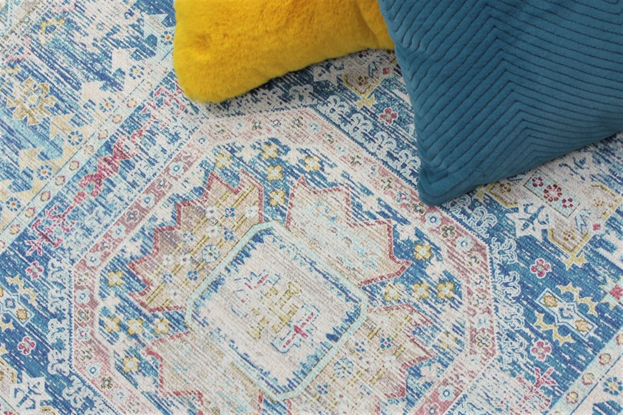 Vintage Faded Distressed Print Style Area Rug - Dark Blue, Beige, Distressed Print, 5' X 7' (1 Unit)