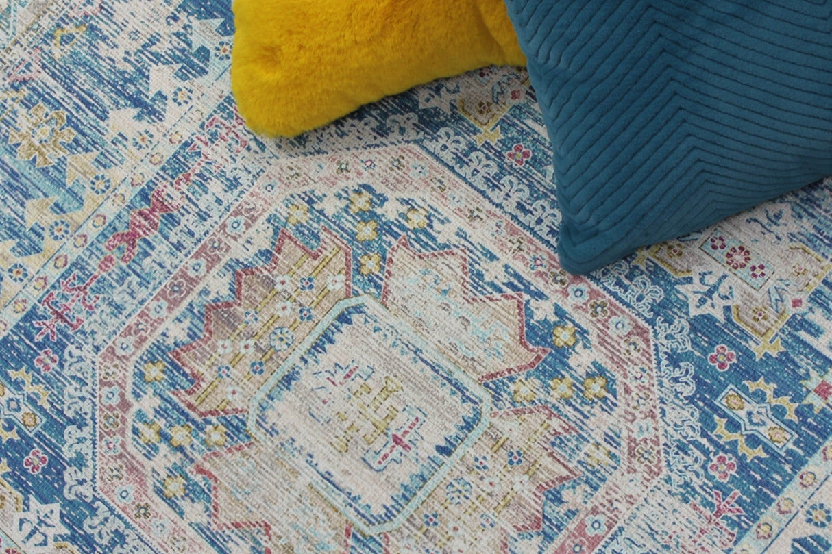 Vintage Faded Distressed Print Style Area Rug - Dark Blue, Beige, Distressed Print, 5' X 7' (1 Unit)