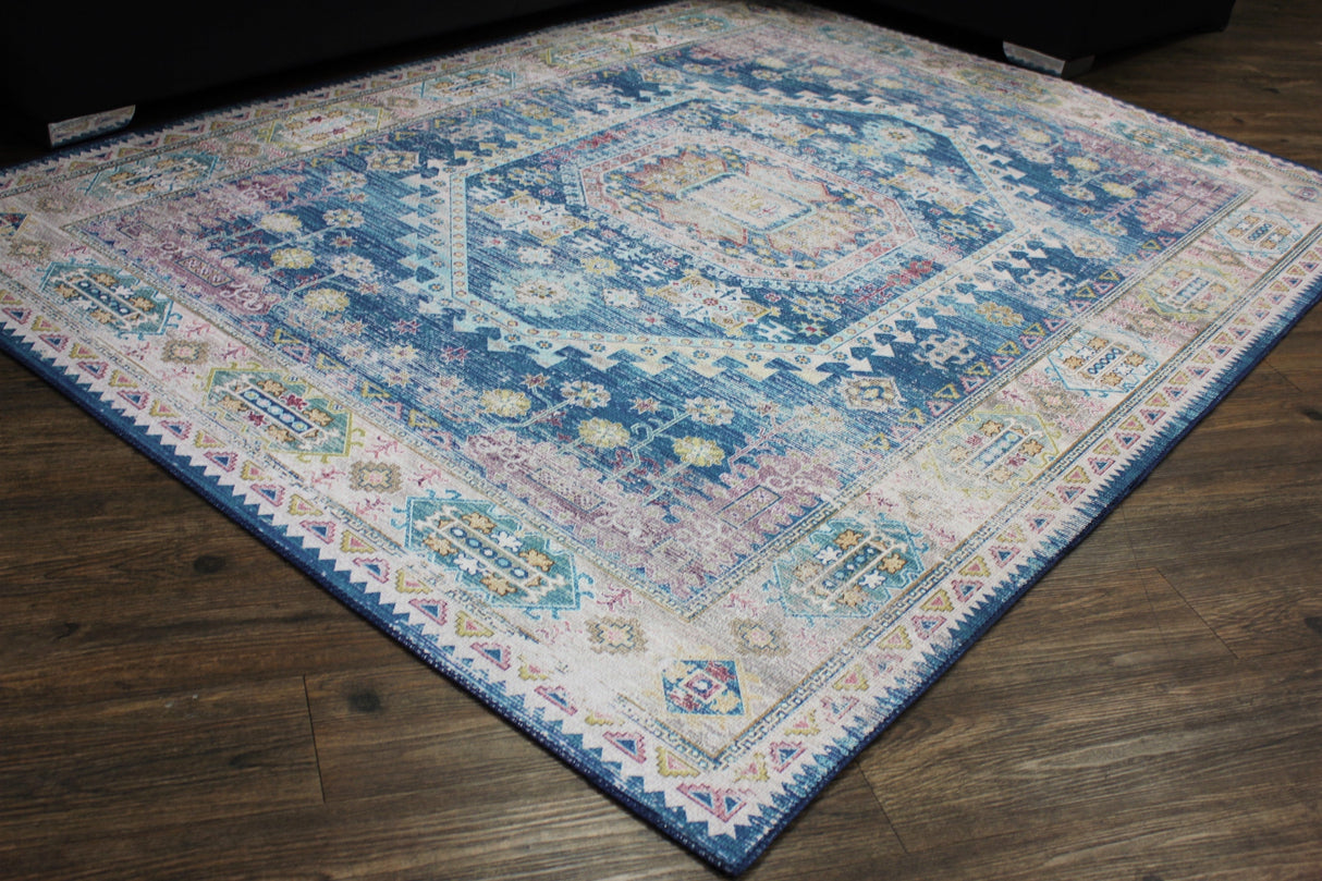 Vintage Faded Distressed Print Style Area Rug - Dark Blue, Beige, Distressed Print, 5' X 7' (1 Unit)