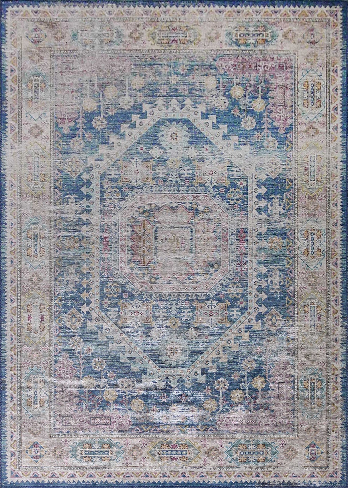 Vintage Faded Distressed Print Style Area Rug - Dark Blue, Beige, Distressed Print, 5' X 7' (1 Unit)
