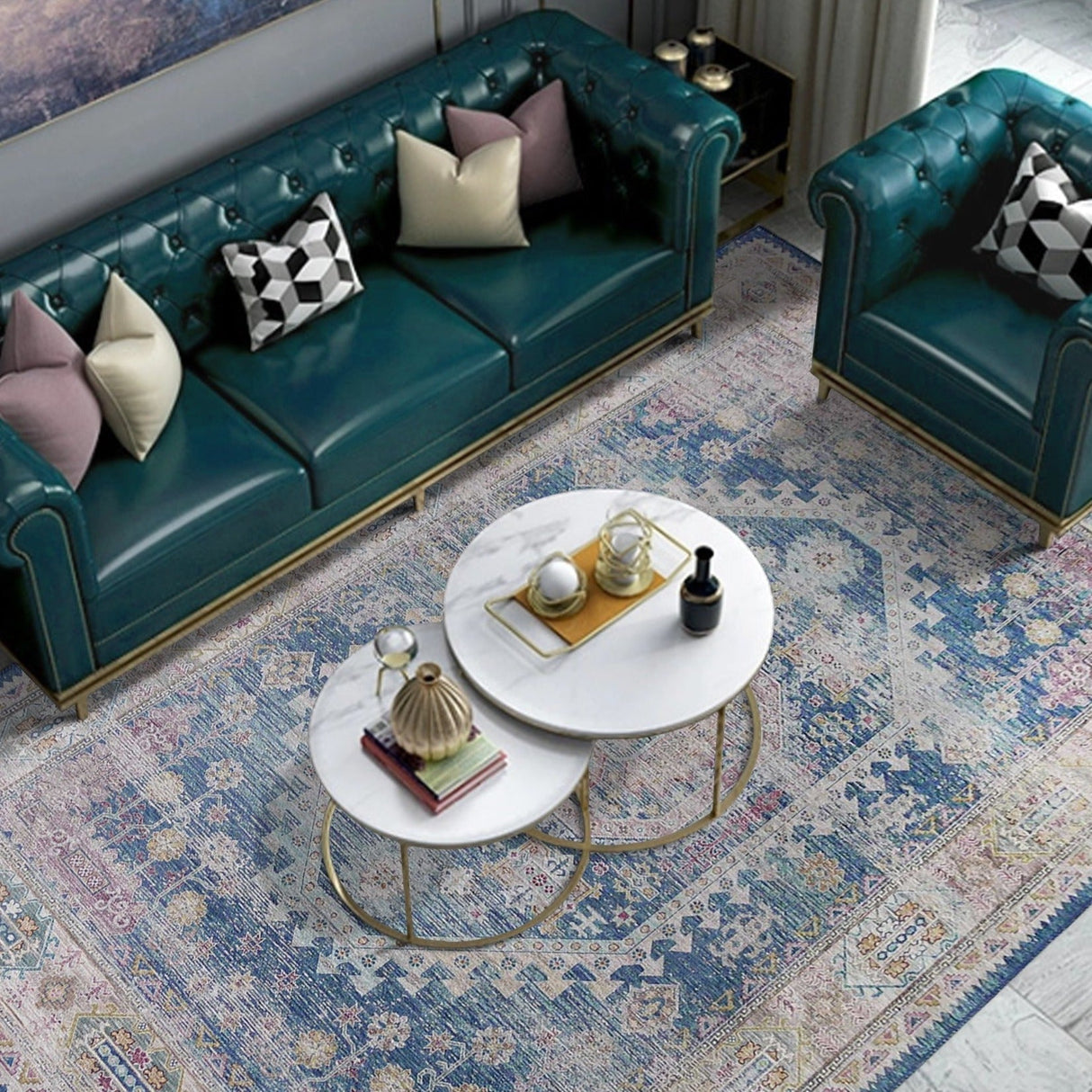 Vintage Faded Distressed Print Style Area Rug - Dark Blue, Beige, Distressed Print, 5' X 7' (1 Unit)
