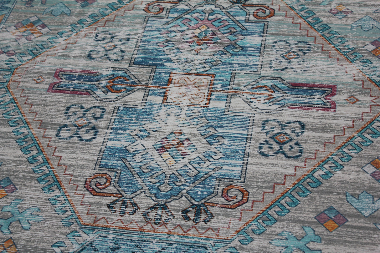 Beige Blue Orange Tones Vintage Faded Print Style Area Rug - Beige Blue Orange Vintage Faded Print, 5' X 7' And 7'6" X 10'3" (1 Unit)