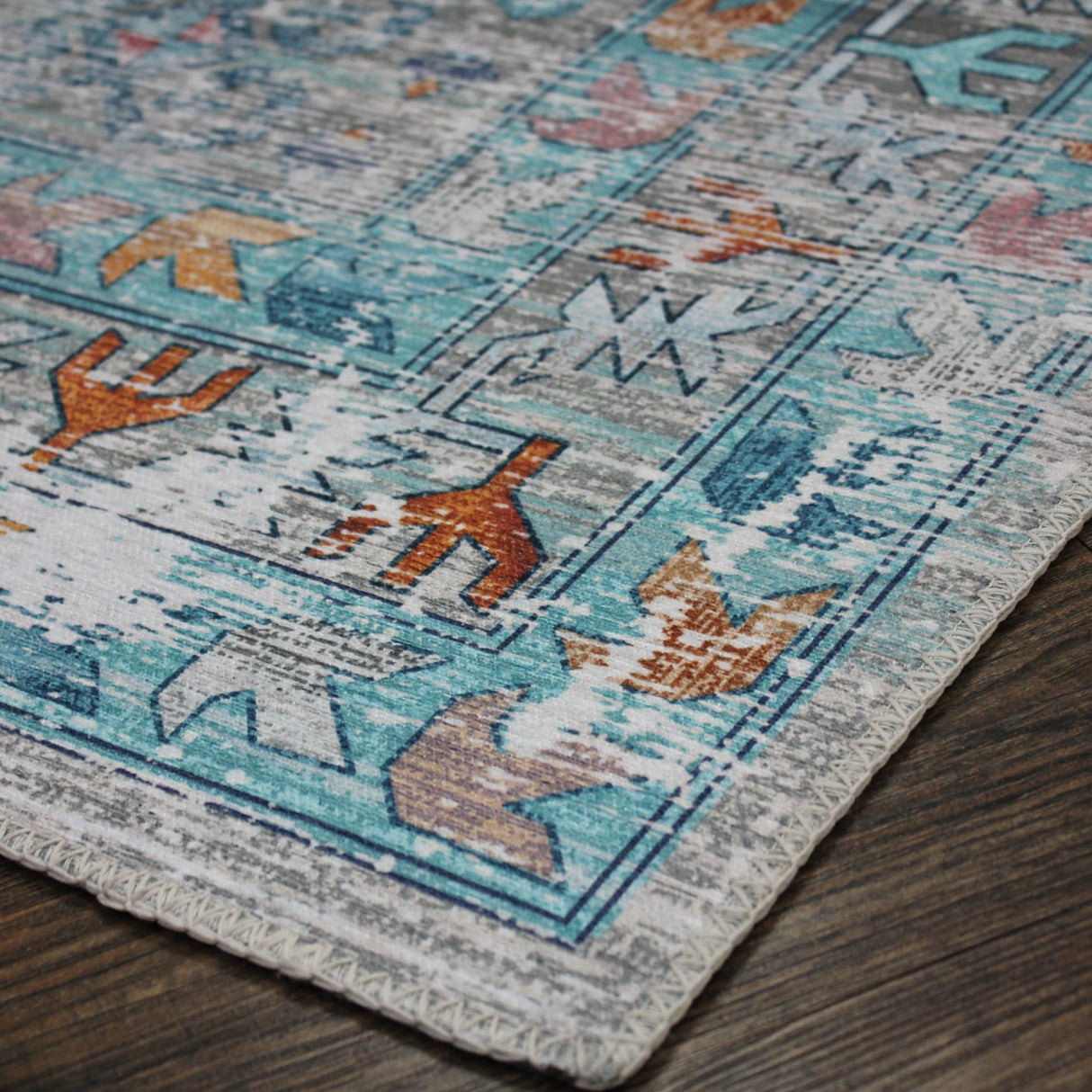Beige Blue Orange Tones Vintage Faded Print Style Area Rug - Beige Blue Orange Vintage Faded Print, 5' X 7' And 7'6" X 10'3" (1 Unit)