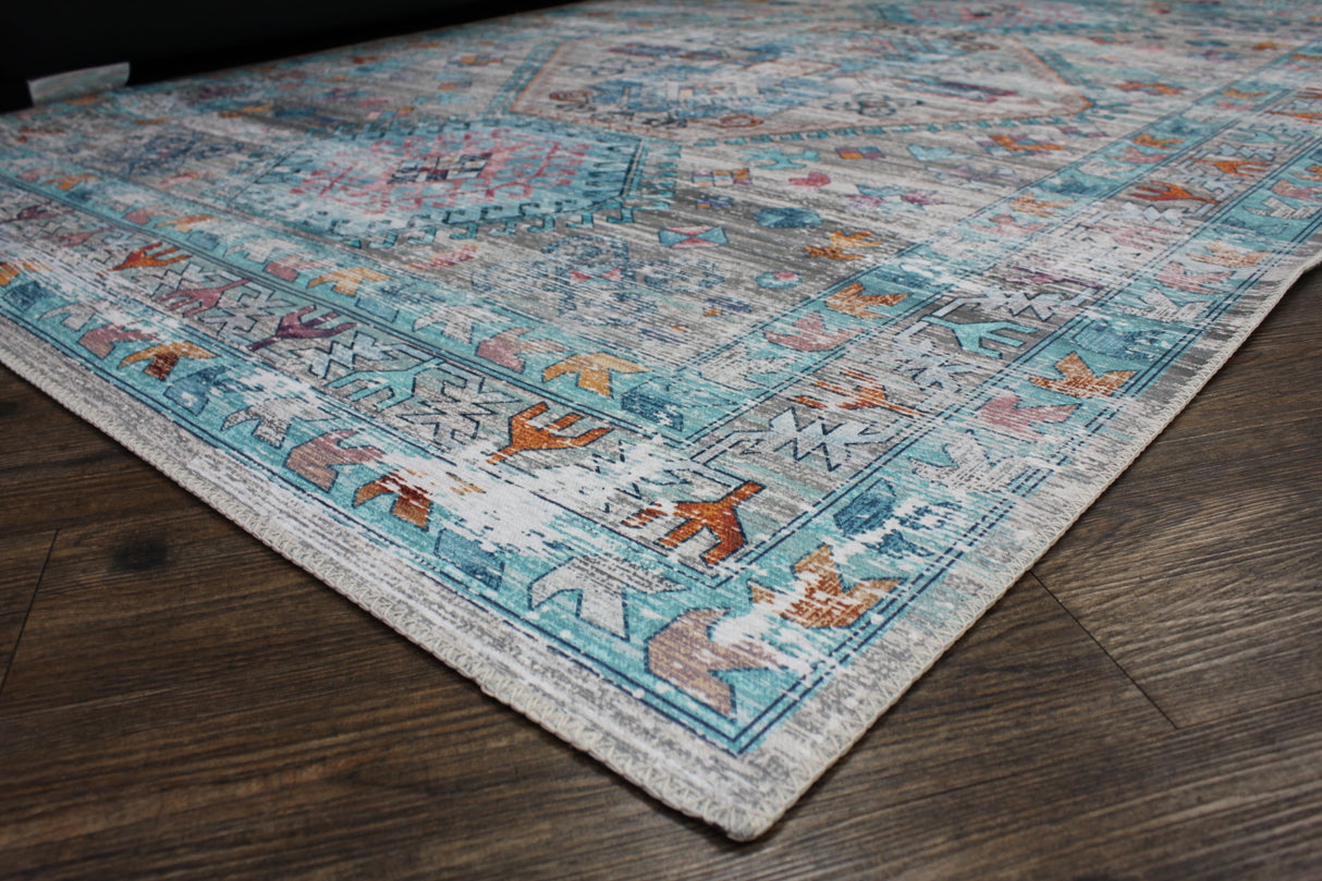 Beige Blue Orange Tones Vintage Faded Print Style Area Rug - Beige Blue Orange Vintage Faded Print, 5' X 7' And 7'6" X 10'3" (1 Unit)